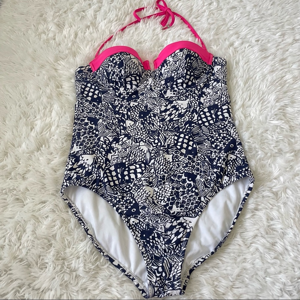 Lilly Pulitzer one piece swimsuit size Large Blue White Pink Fish